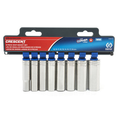 9 Piece 3/8 in Drive 6 Point Deep Socket Sets, 9 mm - 19mm, Metric
