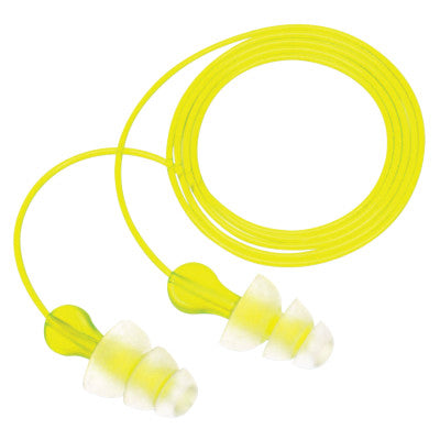 Tri-Flange Earplugs, Elastomeric Polymer, Clear, Corded