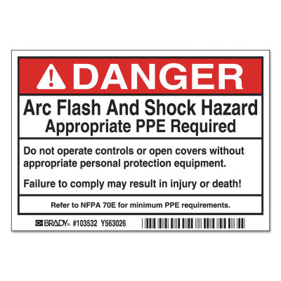 Arc Flash Labels, 5 in x 3 1/2 in, Danger - Arc Flash And Shock Hazard, Red