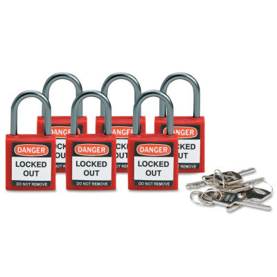 Compact Safety Locks,  1 1/5 in W x 5/8 L in x 1 2/5 H, Red, 6/Pk