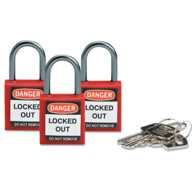 Compact Safety Locks,  1 1/5 in W x 5/8 L in x 1 2/5 H, Red, 3/Pk