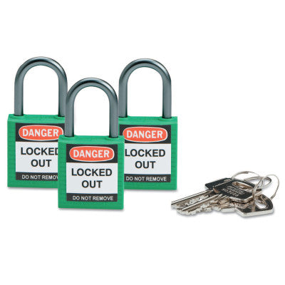 Compact Safety Locks,  1 1/5 in W x 5/8 L in x 1 2/5 H, Green, 3/Pk