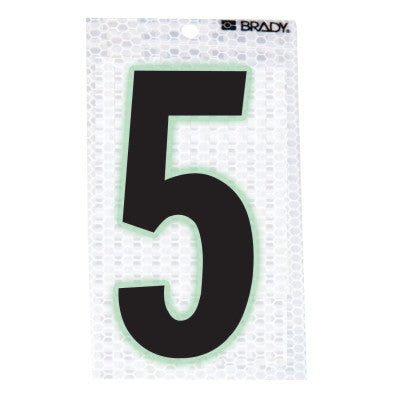 Glow-In-The-Dark/Ultra Reflective Numbers, 3.5 in x 2.5 in, "5", Black/Silver