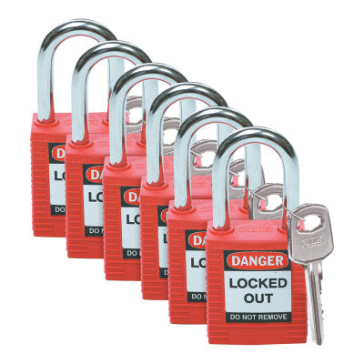 Safety Padlocks, 1/4 in Shackle Dia., 1 1/2 in Long, Red