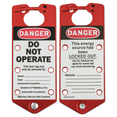 Labeled Lockout Hasps, 0.3125 in Dia Shackle, 3w x 0.157d x 7.512h, Red