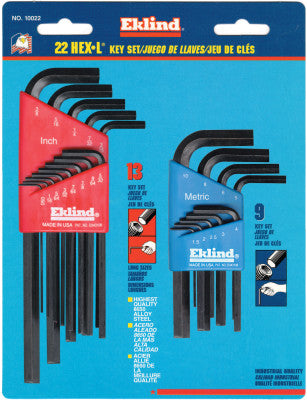 Hex-L Key Set, 22 per card, Hex Tip, Inch/Metric, Short and Long Arms