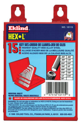 Hex-L Key Set, 15 per set, Hex Tip, Inch