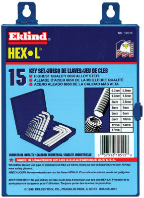 Hex-L Key Set, 15 per set, Hex Tip, Metric