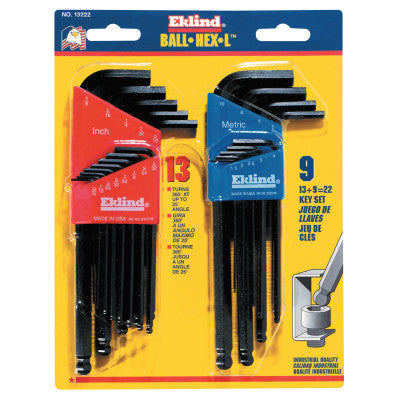 Ball-Hex-L Key Sets, 22 per set, Hex Ball Tip, Inch/Metric, Black Oxide