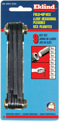 Inch Fold-Up Hex Key Sets, 9 per fold-up, Ball Hex Tip, Inch, Medium