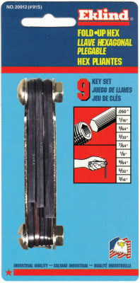 Inch Fold-Up Hex Key Sets, 9 per fold-up, Hex Tip, Inch, Short