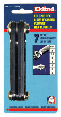Metric Fold-Up Hex Key Sets, 7 per fold-up, Hex Tip, Metric, 4 1/4 in Handle