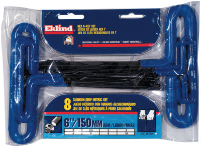 Cushion Grip Hex T-Key Sets, 8 per pouch, Hex Tip, Metric, 6 in Handle