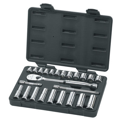 24 Piece Surface Drive Socket Sets With 84 Tooth Ratchet, 3/8 in, 6 & 12 Point