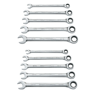 10 Pc Combination Ratcheting Wrench Sets, 12 Point, SAE/Metric