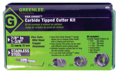 Kwik Change Hole Cutter Kits, Carbide-Tipped, 7/8 in-1 3/8 in Cut Diam.