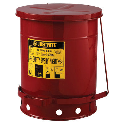 Red Oily Waste Cans, Foot Operated Cover, 10 gal, Red