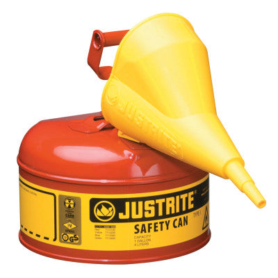 Type I Safety Cans w/Funnel, Flammables, 1 gal, Red