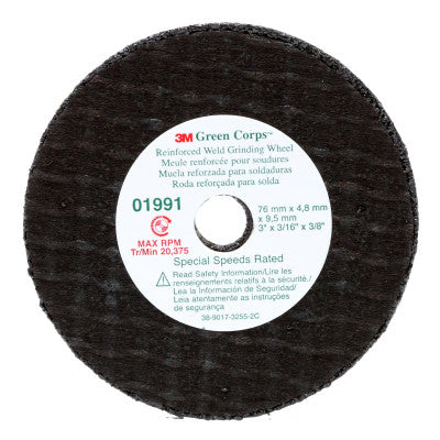 Green Corps Reinforced Weld Grinding Wheels, 3 in x 3/16 in, Coarse, 20,375 rpm