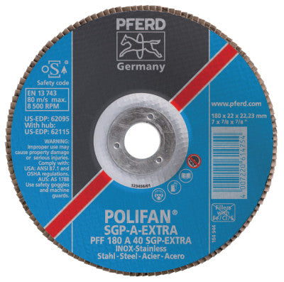 Type 27 POLIFAN SGP Flap Discs, 7", 40 Grit, 7/8 Arbor, 8,600 rpm, Ceram Oxide