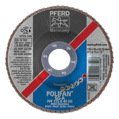 Type 27 POLIFAN SG Flap Discs, 4 1/2",40 Grit,7/8 Arbor, 13,000 rpm, AlumOx(A)