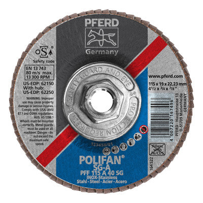 Type 27 POLIFAN SG Flap Discs, 4 1/2",40 Grit,5/8 Arbor, 13,300 rpm,Alum Ox(A)