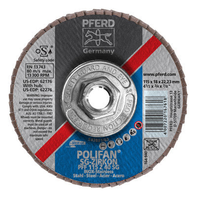 Type 27 POLIFAN SG Flap Discs, 4 1/2", 40 Grit, 5/8 Arbor, 13,300 rpm, Zirconia