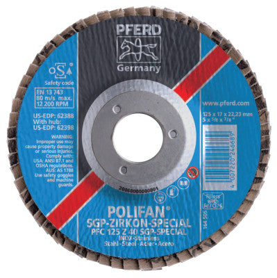 Type 29 POLIFAN SGP Flap Discs, 5", 40 Grit, 5/8 Arbor, 12,200 rpm, Ceramic Ox