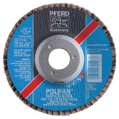 Type 29 POLIFAN SGP Flap Discs, 5", 40 Grit, 7/8 Arbor, 12,200 rpm, Ceramic Ox