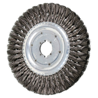 Unthreaded Knot Wheel Brushes, 8 in Dia., 1 1/4 in Arbor, 0.014 in, Carbon Steel