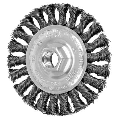 Threaded Knot Wheel Brushes, 4 in Dia., 5/8 in-11, 0.020 in, Carbon Steel