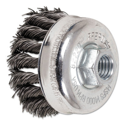 Mini Knot Cup Brush, 2 3/4 in Dia., 5/8-11 Arbor, .02 in Carbon Steel Wire