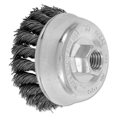 Mini Knot Cup Brush, 3 1/2 in Dia., 5/8-11 Arbor, 7/8 x .02 in Carbon Steel Wire