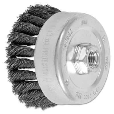 Std. Twist Single Row Cup Brush, 4 in Dia., 5/8 Arbor, 1 1/4 x .014 Carbon Steel