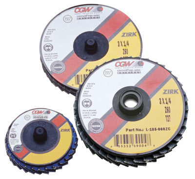 Flap Discs, Mini, Zirconia, Quick Change, Type R, 3 in, 36 Grit, 18,000 rpm