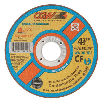 Contaminate Free Cut-Off Wheel, 4 1/2 in Dia, .045 in Thick, 36 Grit Alum. Oxide