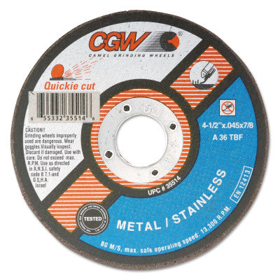 Extra Thin Cut-Off Wheel, Type 1, 6 in Dia, .045 in Thick, 36 Grit Alum. Oxide