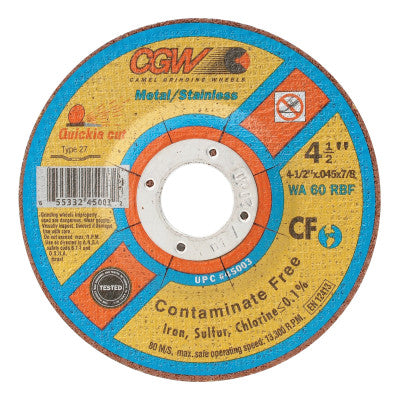 Contaminate Free Cut-Off Wheel, 4 1/2 in Dia, .045 in Thick, 60 Grit Alum. Oxide