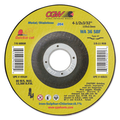 Thin Cut-Off Wheel, 4 1/2 in Dia, 3/32 in Thick, 36 Grit Aluminum Oxide