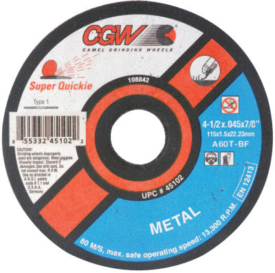 Reinforced Cut-Off Wheel, 5 in Dia, .045 in Thick, 60 Grit Alum. Oxide