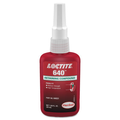 640 Retaining Compound, Med Strength/High Temp, 50 mL Bottle, Green, 3,000 psi