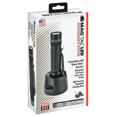 MAG-TAC LED Rechargeable Flashlight System, Plain Bezel, Black, 533 lumens