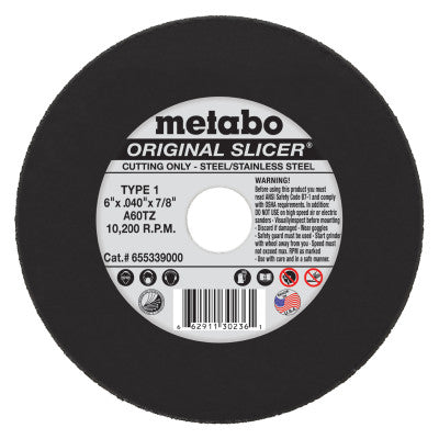 Slicer Cutting Wheel, Type 1, 6 in Dia, .04 in Thick, 60 Grit Aluminum Oxide