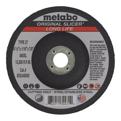 Slicer Cutting Wheel, Type 27, 4 1/2 in Dia, 1/16 in Thick, 36 Grit Alum. Oxide