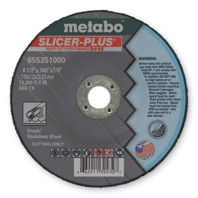 Slicer Plus Cutting Wheel, Type 27, 4 1/2 in Dia, .045 in Thick, 60 Grit