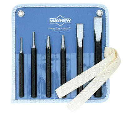 6 Pc. Punch & Chisel Kits, Round/Beveled/Pointed, English, 4 Punches, 2 Chisels