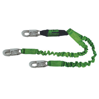 StretchStop Lanyard w/Shock Absorber, 6ft, Anchorage Connection, 2 Leg,Green