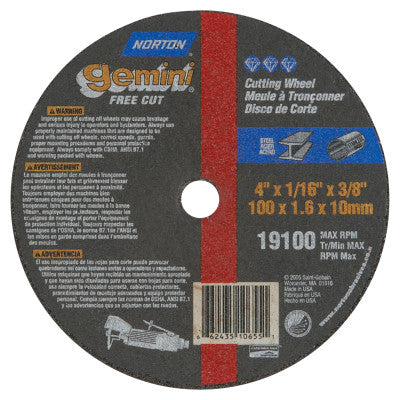 Gemini Reinforced Free-Cut Wheel, Type 1, 4 in Dia, 1/16 Thick, Aluminum Oxide