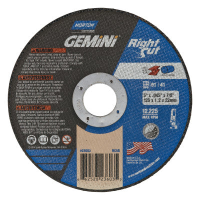Right Cut Cut-Off Wheel, Type 1, 5 in Dia, .045 in Thick, 36 Grit Alum. Oxide