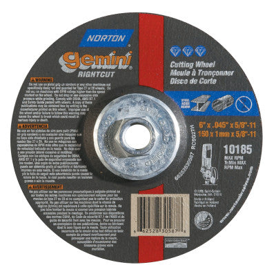 Type 27/42 Gemini RightCut Cut-Off Wheel, 6" Dia, 5/8" Arbor, 24 Grit